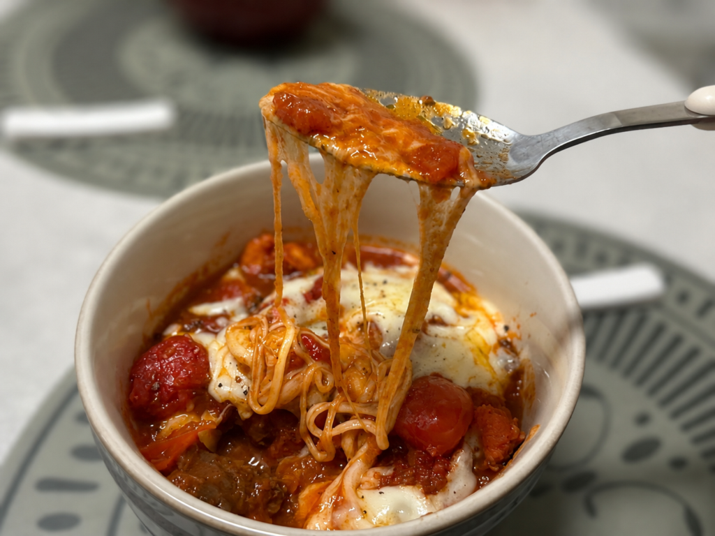 치즈가 길게 늘어나는 소고기 새우 토마토 스프
