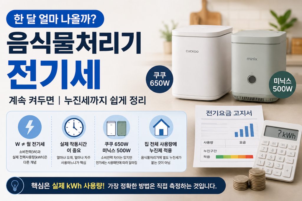 음식물처리기 전기세 한눈에 보기 인포그래픽으로 W와 kWh 차이, 실제 작동시간, 쿠쿠 650W와 미닉스 500W 소비전력, 집 전체 사용량에 따른 누진제 영향을 정리한 이미지