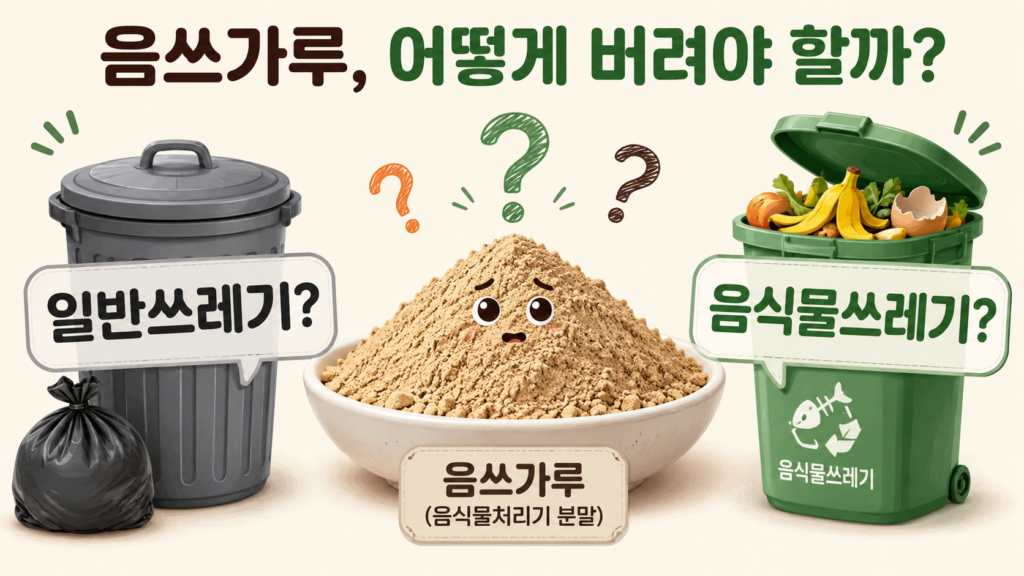 음쓰가루를 일반쓰레기로 버릴지 음식물쓰레기로 버릴지 보여주는 비교 이미지