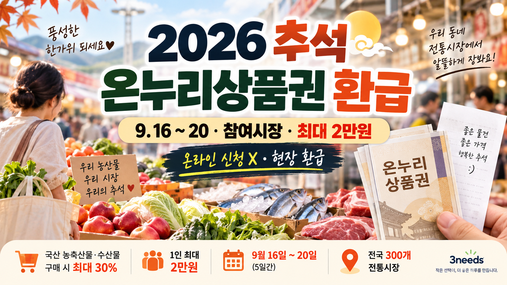 2026 추석 온누리상품권 환급행사 기간과 참여시장 최대 2만원 환급을 안내하는 대표 이미지