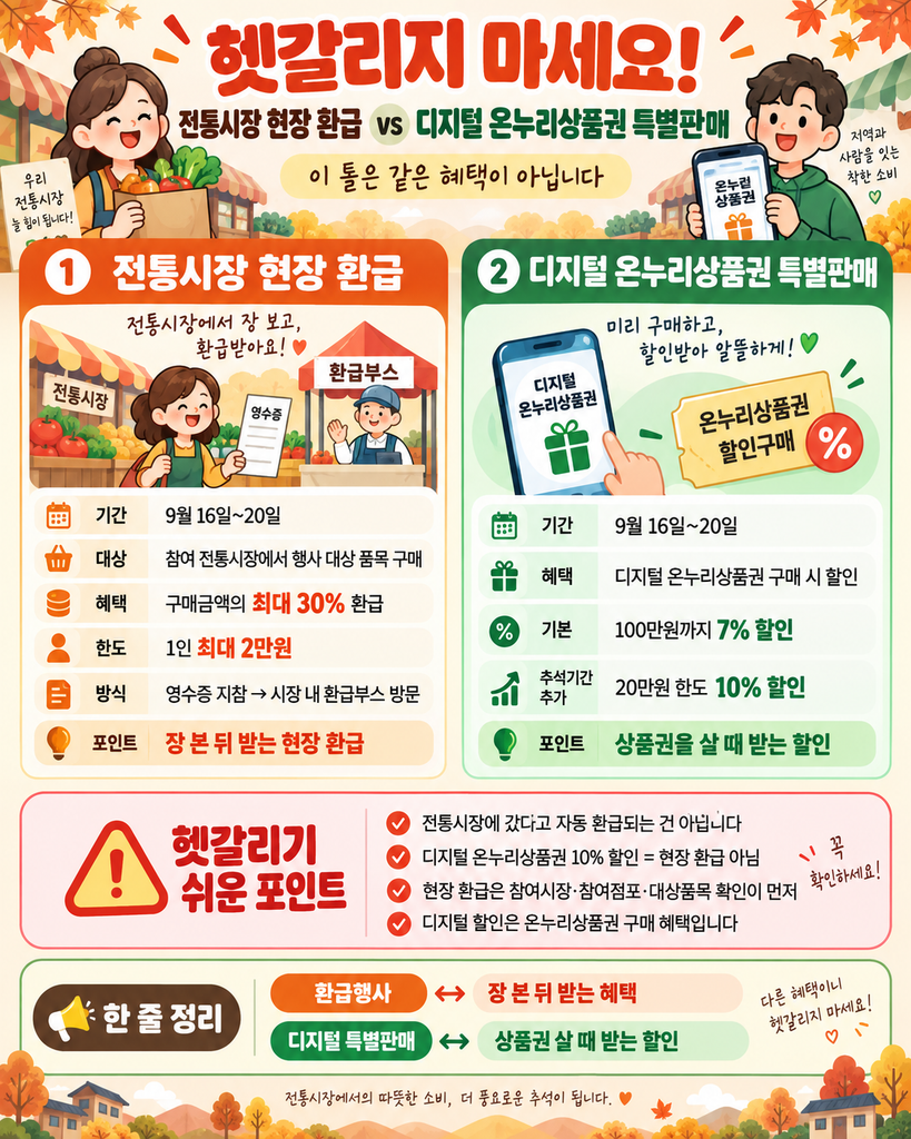 2026 추석 온누리상품권 혜택 비교, 전통시장 환급행사와 디지털 온누리상품권 할인 차이