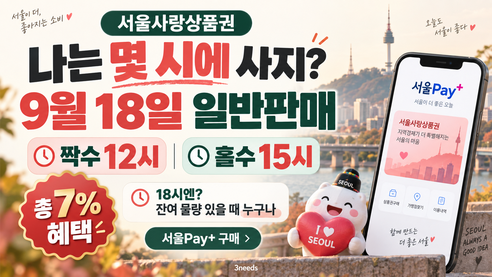 서울사랑상품권 9월 18일 일반판매와 짝수 12시 홀수 15시 구매시간, 총 7% 혜택 안내