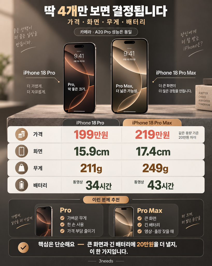 아이폰 18 Pro vs Pro Max의 가격, 화면 크기, 무게, 배터리 차이를 비교한 구매판단 인포그래픽