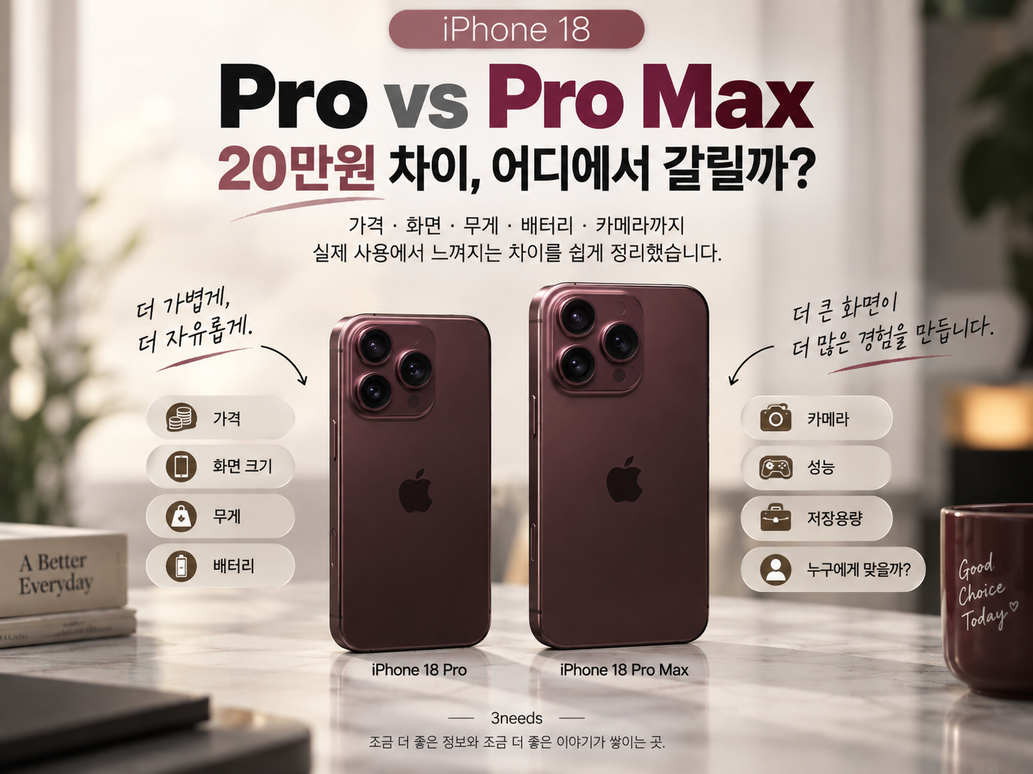 아이폰 18 Pro와 Pro Max의 가격, 화면 크기, 무게, 배터리 차이를 비교한 대표이미지