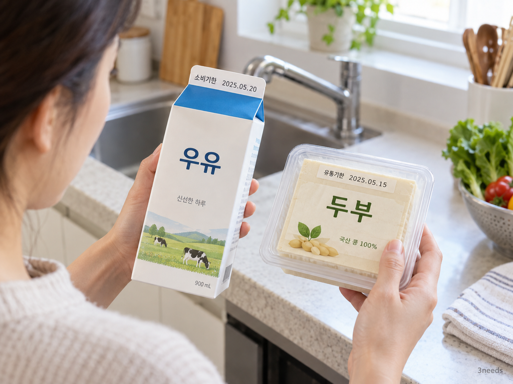 주방 싱크대 앞에서 우유와 두부의 소비기한 및 유통기한 차이를 확인하는 모습