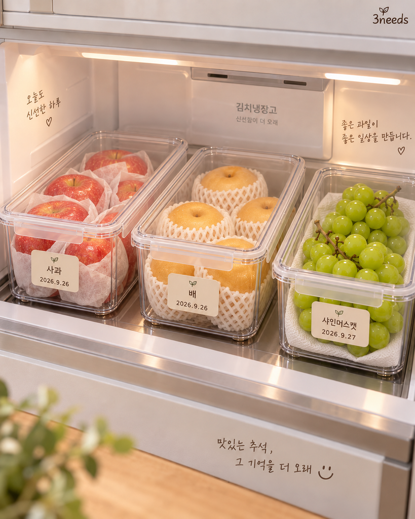 냉기 순환을 위해 여유 공간을 두고 품목별로 정돈된 추석 선물 과일 김치냉장고 보관 모습