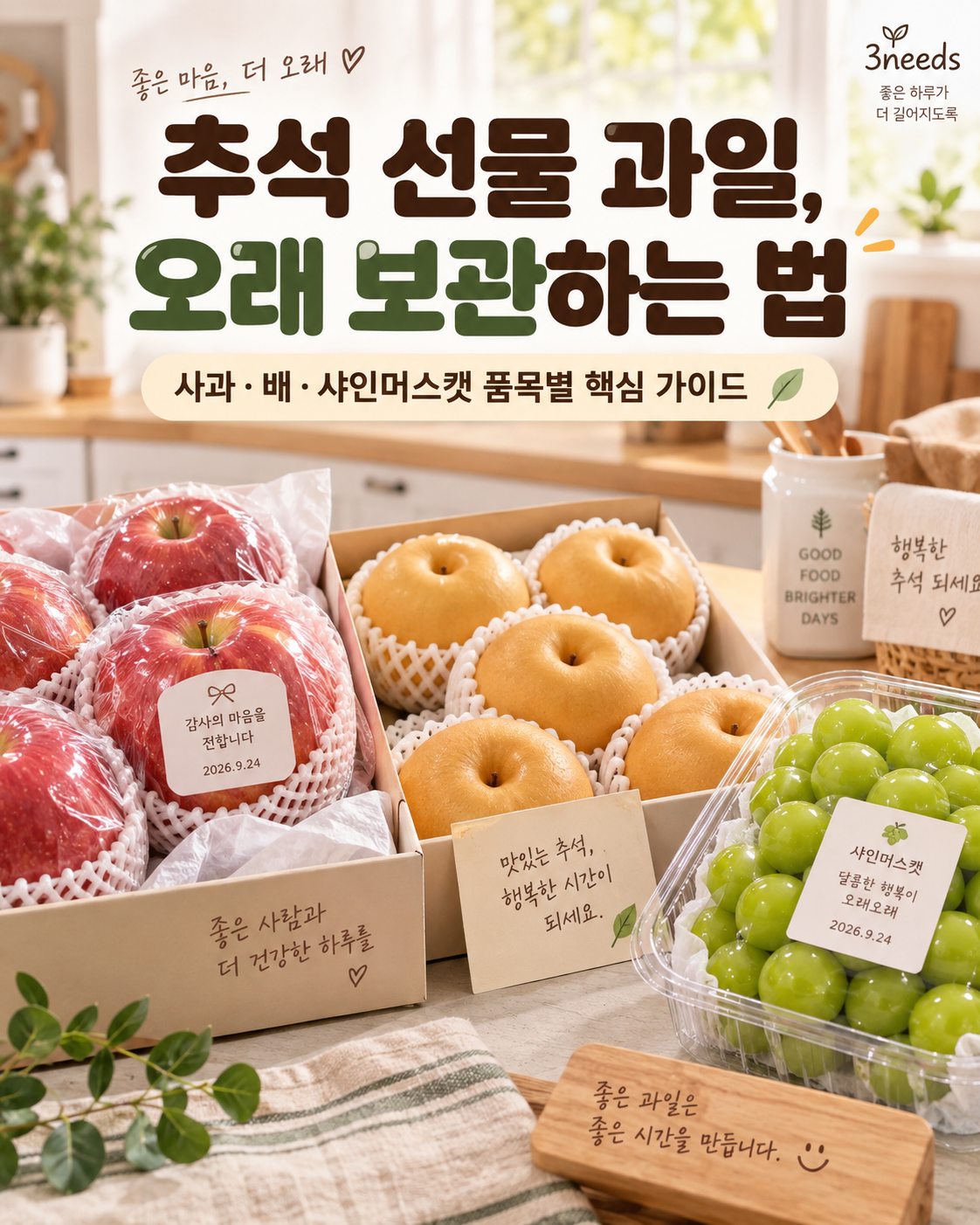 추석 선물로 들어온 사과, 배, 샤인머스캣을 오래 신선하게 보관하기 위해 정갈하게 소분 포장한 모습