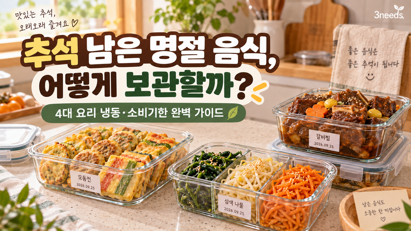 추석 남은 음식 보관법에 따라 유리 밀폐용기에 깔끔하게 소분된 전과 갈비찜 등 명절 음식 모습