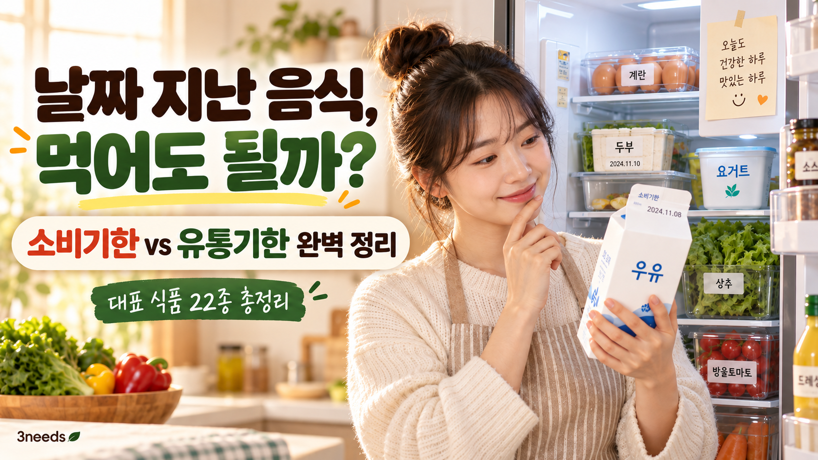 소비기한과 유통기한 차이를 비교하고 냉장고 속 다양한 식재료 날짜를 확인하는 대표 이미지