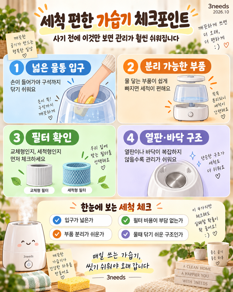 세척편한 가습기 고르는 방법 물통 입구 분리 세척 필터 체크