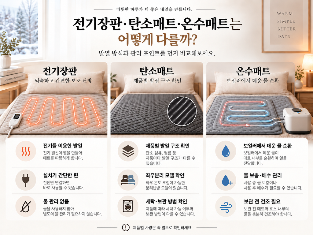 전기장판 탄소매트 온수매트 발열 방식 비교