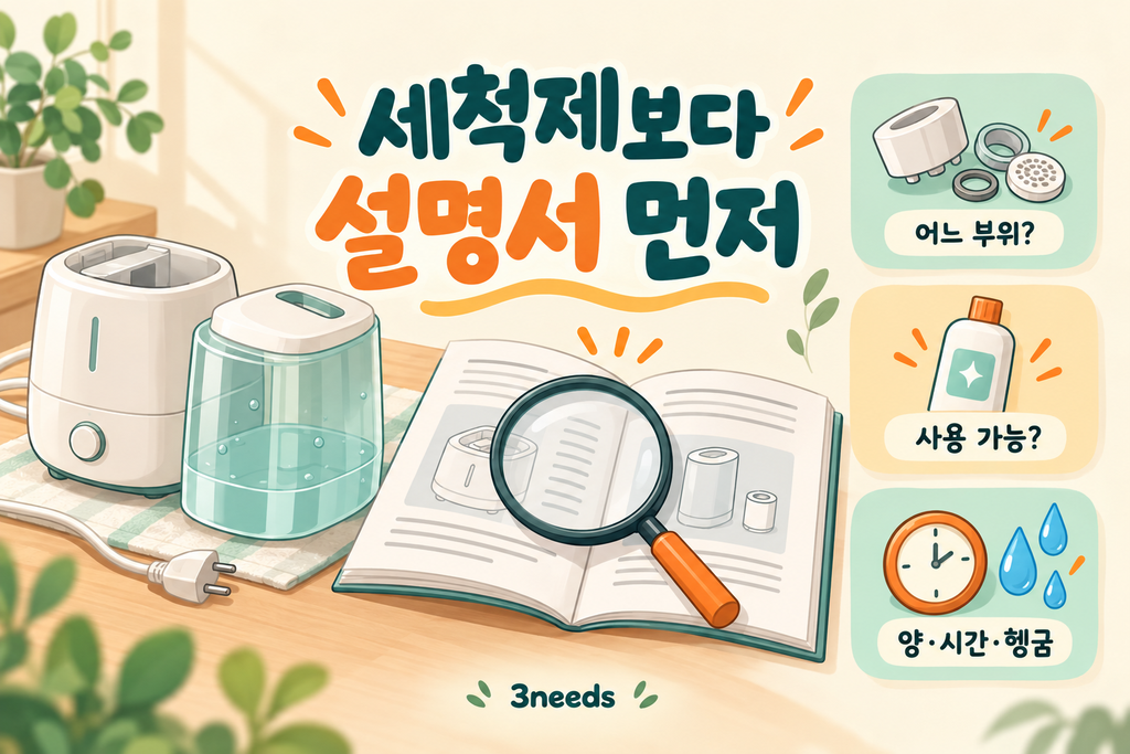 가습기 세척 전 청소 부위와 세척제 허용 여부, 농도·시간·헹굼 조건을 확인하는 순서