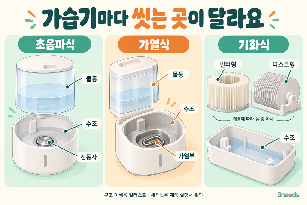 가습기 청소 방법 안내: 초음파식·가열식·기화식의 물통·수조·진동자·가열부·필터·디스크 비교