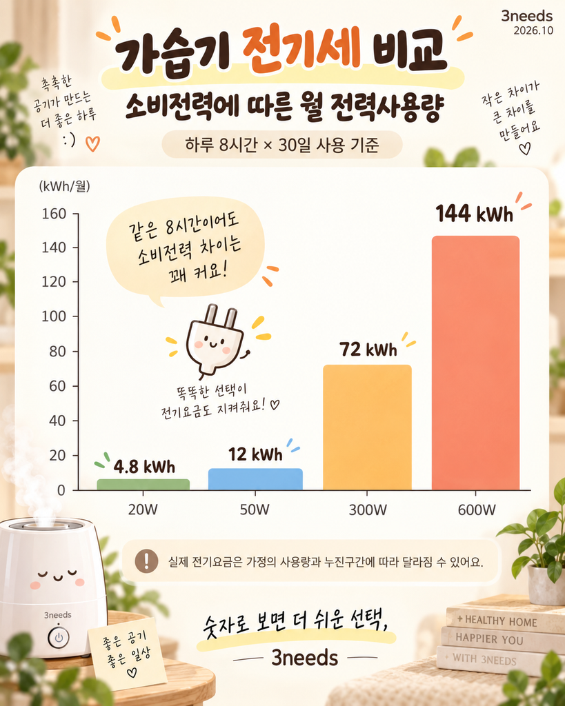 가습기 전기세 비교 20W 50W 300W 600W 월 전력사용량