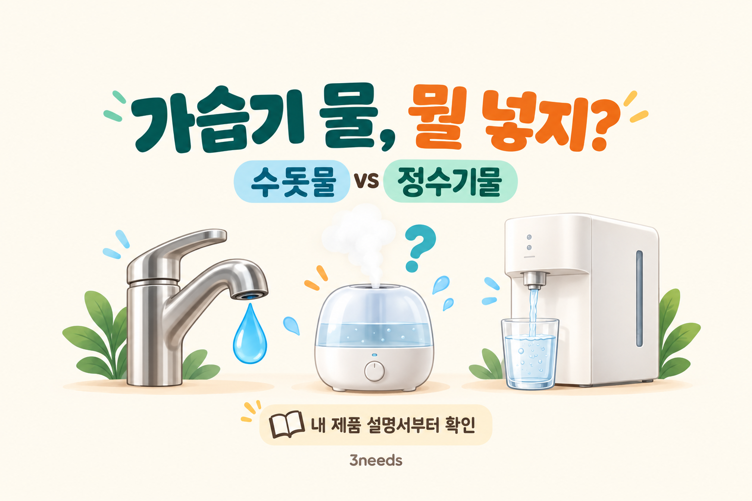 가습기 수돗물 vs 정수기물 선택을 표현한 수도꼭지·정수기·가습기 일러스트