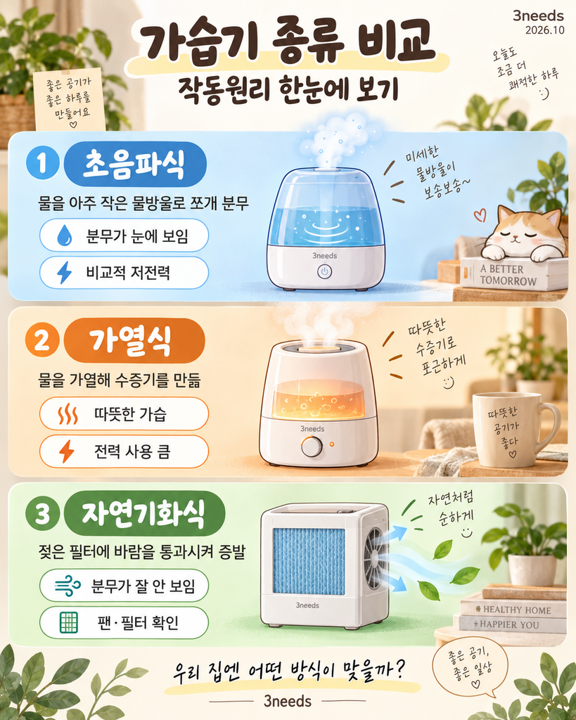 가습기 종류 비교 초음파식 가열식 자연기화식 작동 원리