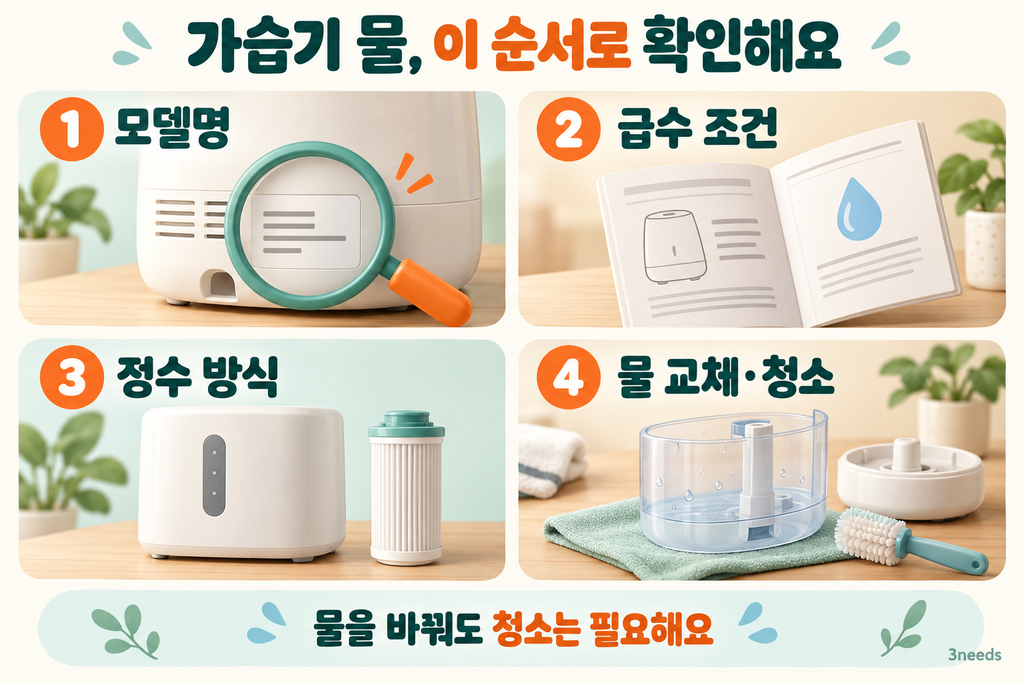 가습기 수돗물 vs 정수기물 선택 전 모델명·급수 조건·정수 방식·관리 방법을 확인하는 순서