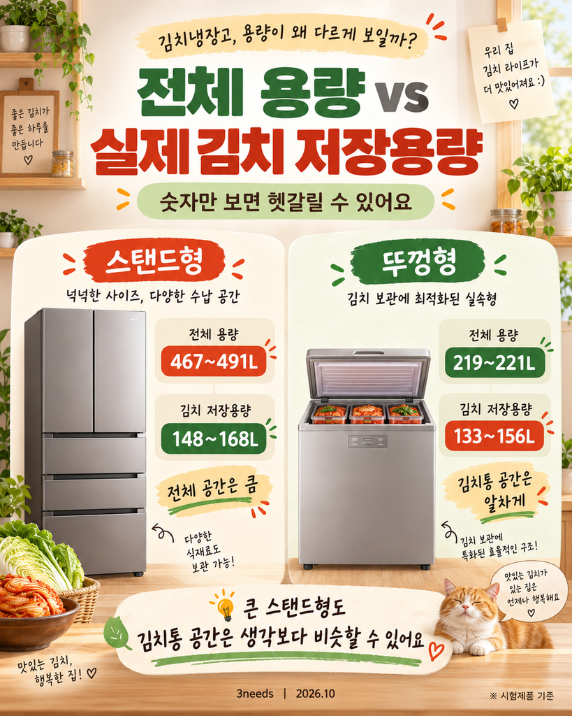 김치냉장고 스탠드형 뚜껑형 전체 용량과 김치 저장용량 비교